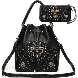Punk Gothic Rock Skull Leather Shoulder Bag Wallet Set for Women